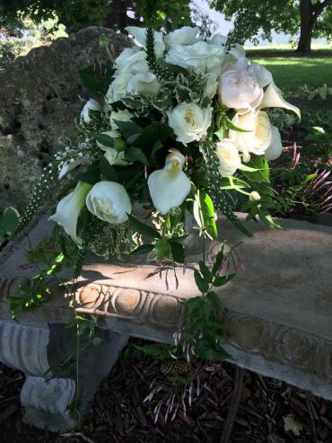 White Cascade Style with Veronica, Mini Callas and Garden Roses